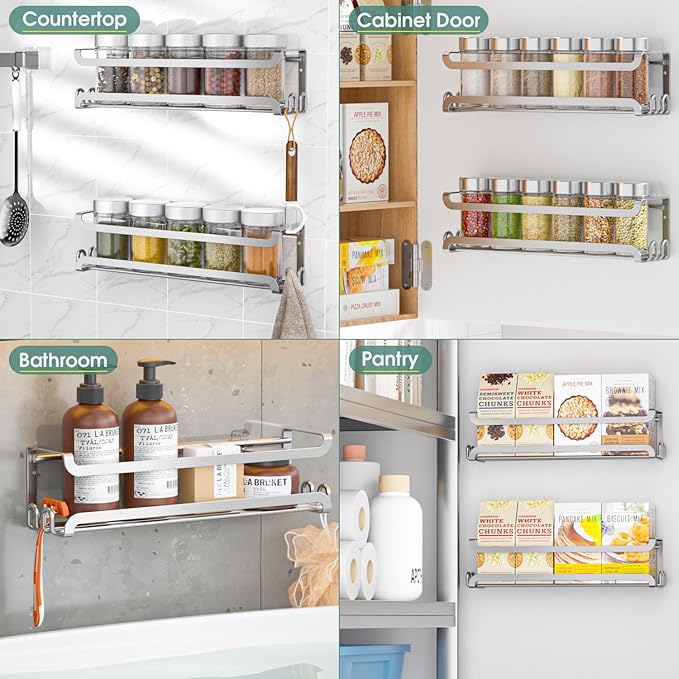 LUCYCAZ 4 Pack Wall Mounted Spice Rack with 16 Hooks, Spice Organizer Shelf for Stove Cabinet Pantry Door,Screw or Adhesive Spice Shelf Hanging Wall Spice Rack in Kitchen and RV (Silver, 4 PACK) - Image 7