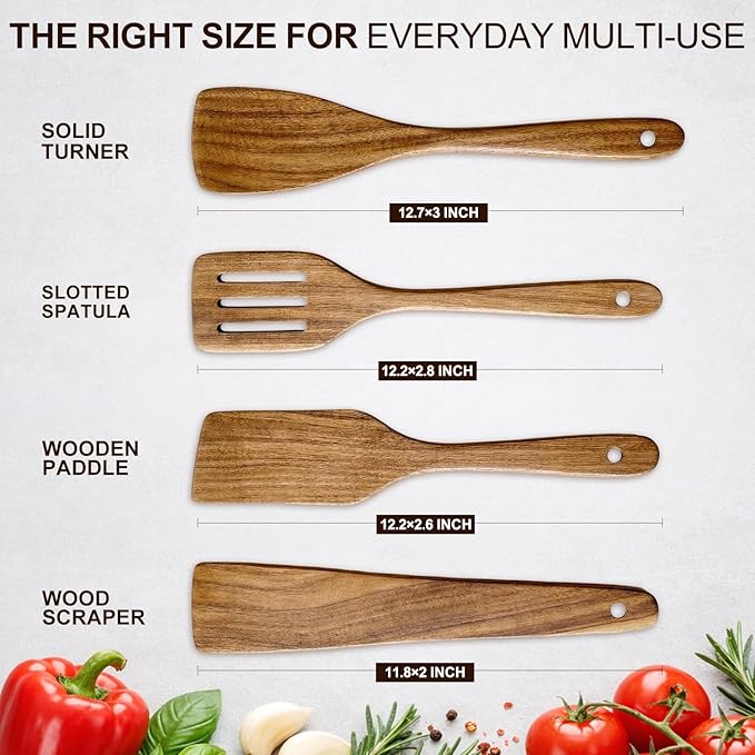 4 Pcs Acacia Wooden Spatula Set Non Toxic Kitchen Utensil Set Slotted Turner Flat Wood Wok Spatulas for Cooking Spoon Kitchen Spurtle Bamboo Cooking Utensils Fish Egg Flipper Spatula Cast Iron Scraper