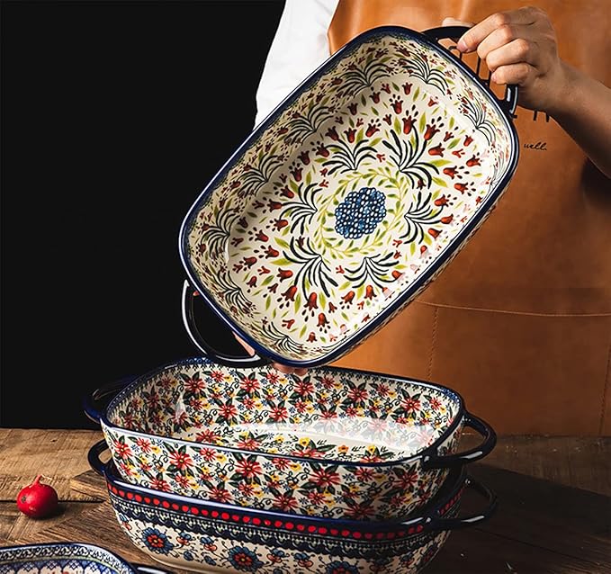 Vintage Style Tulip Flower Pattern Ceramic Bakeware Casserole Dish Baking Pan Lasagna Pans Baking Dish with Handles for Oven/Cooking/Kitchen-1 PCS-60 OZ - Image 3