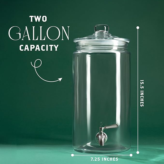 2 Gallon Glass Drink Dispenser with Spout for Parties - Tall Airtight Mason Style Beverage Serveware Stand with Metal Spigot for Kombucha, Water, Juice, Punch, Cocktails, Ice Tea & Sun Tea - Image 2