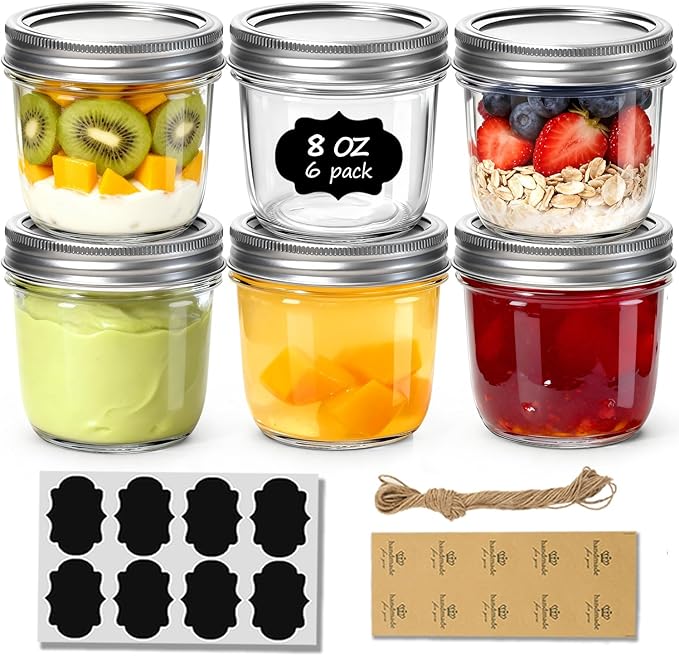 ComSaf Wide Mouth Mason Jars with Lids 8 oz 6Pcs, Half Pint Small Mason Containers, Canning Jars for Jam, Jelly, Meal Prep, Overnight Oats, Yogurt Parfait, Shower Wedding Favors, DIY Candles Decor by ComSaf