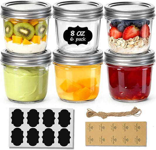 ComSaf Wide Mouth Mason Jars with Lids 8 oz 6Pcs, Half Pint Small Mason Containers, Canning Jars for Jam, Jelly, Meal Prep, Overnight Oats, Yogurt Parfait, Shower Wedding Favors, DIY Candles Decor by ComSaf