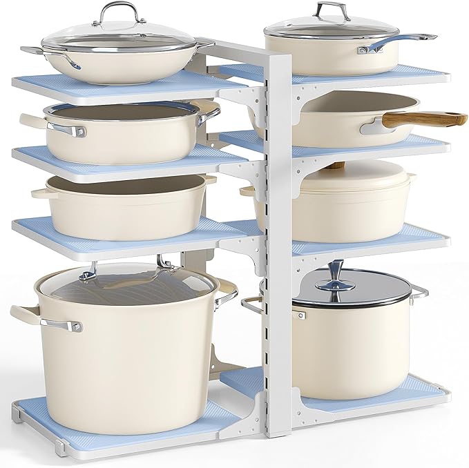 LAMU Pots and Pans Organizer under Cabinet, 8 Tier Heavy Duty Pan Organizers inside Cabinet, Adjustable Pot Rack for Small Kitchen Storage, 15" Height Holds Cast Iron Pans and Skillets White by YourHome-OrganizationHelper