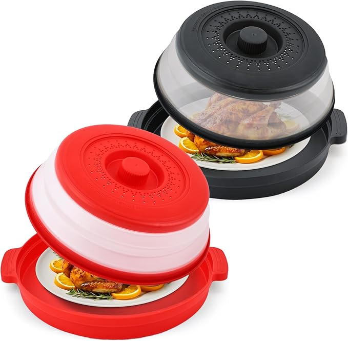 Microwave Splatter Cover for Food with Anti-scald Base Plate,Large Plastic & Silicone Vented Avoid Scalding Collapsible Guard Lid, Plate Holder & Kitchen Colander for Meal Prep-10.7 Inch (2 Pcs BRed) by Unknown