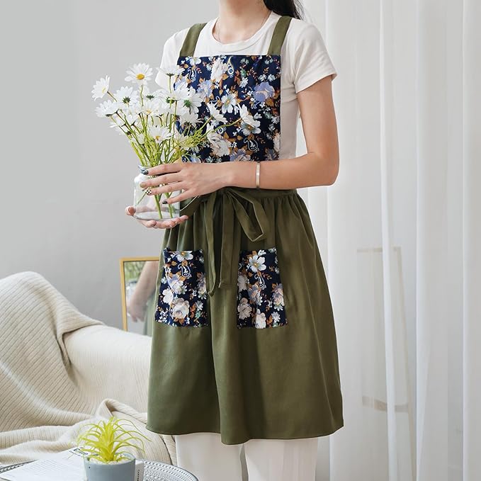 Pinknoke Vintage Pinafore Apron Dress for Women with Pockets Cute Floral Chef Aprons for Kitchen Cooking Baking Gardening - Image 7