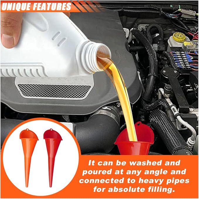 2PCS Long Neck Oil Funnels, Multi-Purpose Spill Saver Funnel, Plastic Funnel for Filling Automotive Oils Lubricants Engine Oils Water Diesel Fuel Kerosene and Other Liquids (1 Red + 1 Orange)
