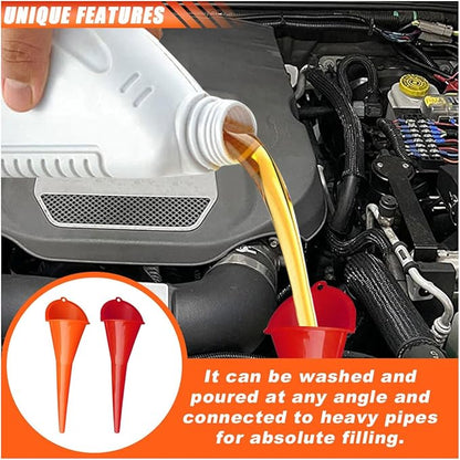 2PCS Long Neck Oil Funnels, Multi-Purpose Spill Saver Funnel, Plastic Funnel for Filling Automotive Oils Lubricants Engine Oils Water Diesel Fuel Kerosene and Other Liquids (1 Red + 1 Orange)