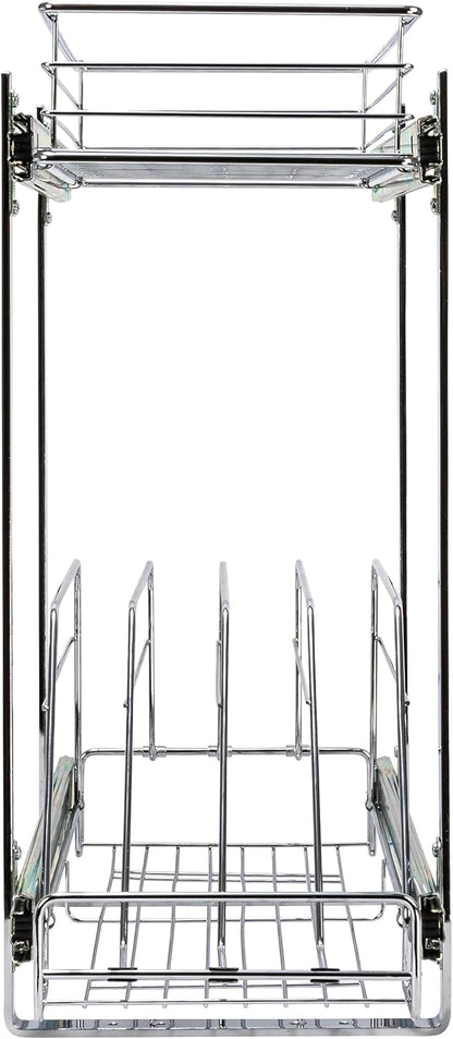 Household Essentials Glidez Multipurpose Chrome-Plated Steel Pull-Out/Slide-Out Dual-Sliding Storage Organizer for Cookware and Bakeware - 2-Tier Design - Fits Standard Size Cabinet or Shelf, Chrome