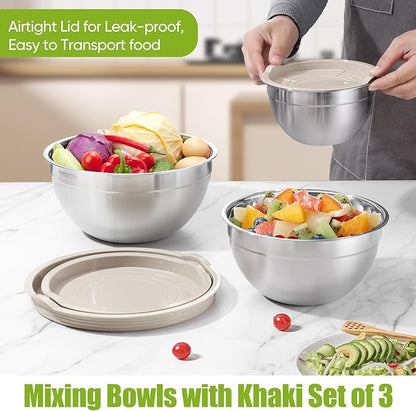 P&P CHEF Khaki Mixing Bowls with Lids, Set of 3, Stainless Steel Salad Nesting Bowl for Mixing, Storing, Prepping, Airtight & Stackable, Size 4.6/3 /1.5 QT - Image 6