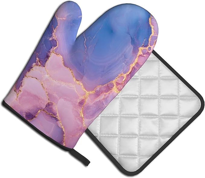 Oven Mitt and Pot Holders Sets - Marble Kitchen Mitts Decorative Purple Pink Oven Gloves Hot Pads Set of 2 for Cooking Baking Grilling - Image 2