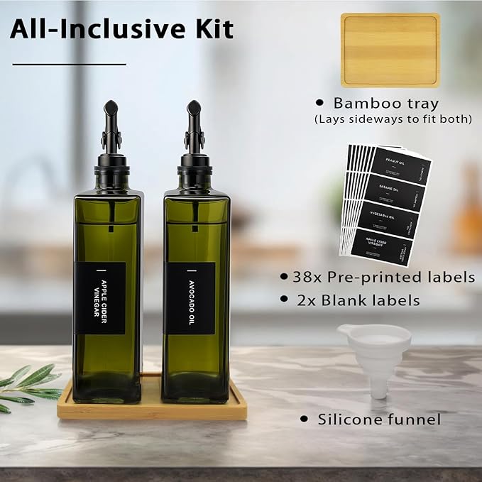 Olive Oil Dispenser Bottle for Kitchen with Bamboo Tray- 16.9oz Glass Oil and Vinegar Dispenser Set, Soy Sauce & Syrup Bottle, Modern Hostess Gift (Green, Set of 2) - Image 6
