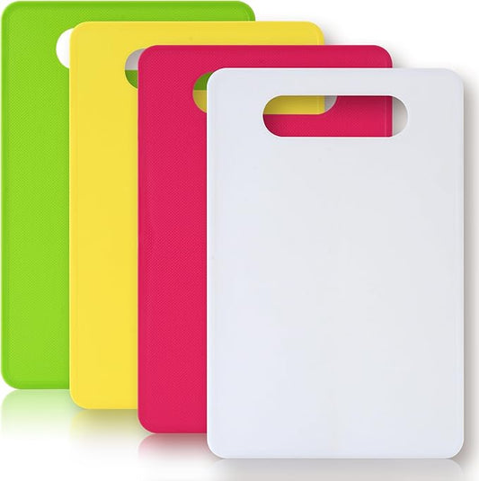 Luckyiren Cutting Board Set of 4, 11.4" x 7.5" x 0.1", Red Green Yellow White, Plastic Kitchen Cutting Boards with Juice Groove & Handle Hole, Lightweight & Dishwasher Safe