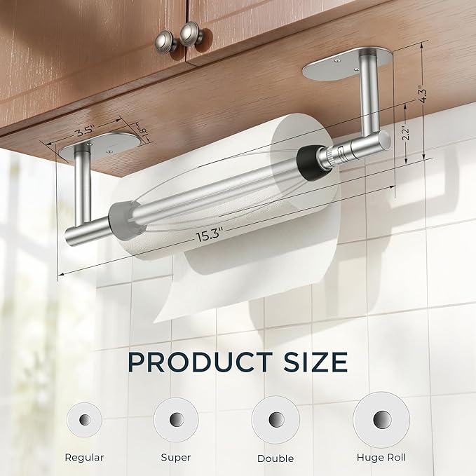 FORIOUS Paper Towel Holder Under Cabinet, One Hand Operable with Ratchet System for Easy Tear, Adhesive or Drill Wall Mount, SUS304 Commercial Paper Towel Holder for Kitchen Bathroom, Sliver - Image 3