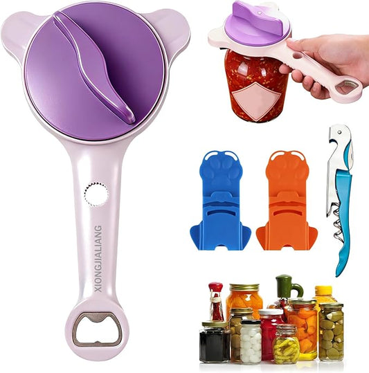 Adjustable Jar Opener for Weak Hands, 4-in-1 Multi-Function Manual Bottle Opener and Corkscrew Set for Seniors with Arthritis, Universal Lid Gripper Kitchen Gadget for All Jar Sizes(purple)