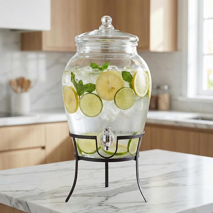 Style Setter Beverage Dispenser Cold Drink Dispenser Glass Jug, Metal Stand & Leak-Proof Acrylic Spigot Great for Parties, Weddings & More (With Metal Rack) - Image 3