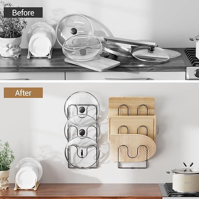 ORDORA 2 Pack Pot Lid Organizer Rack for Cabinet Door, 6-Tier Pot Lid Holders inside Cabinet, No Drilling Adhesive Wall Door Mounted Rustproof Pots and Pans Cover Organizers for Kitchen Storage, Black - Image 2