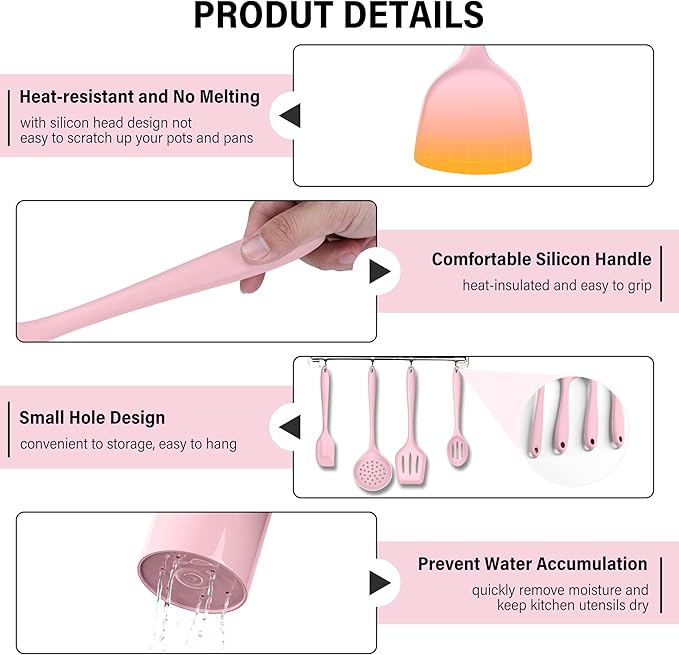 HaWare 11 PCS Silicone Cooking Utensils Set, Heat Resistant Kitchen Utensils with Holder, Food-grade Spatula Sets for Nonstick Cookware, Kitchen Tools Gadgets Include Fish Turner, Spoon (Pink) - Image 4
