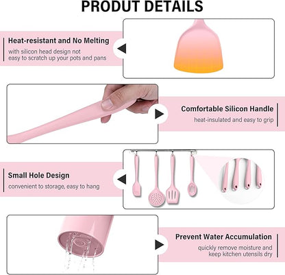 HaWare 11 PCS Silicone Cooking Utensils Set, Heat Resistant Kitchen Utensils with Holder, Food-grade Spatula Sets for Nonstick Cookware, Kitchen Tools Gadgets Include Fish Turner, Spoon (Pink) - Image 4