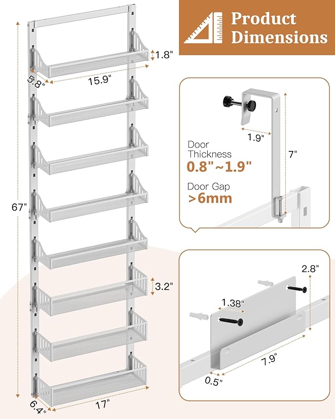 POKIPO Over the Door Pantry Organizer 8-Tier, Large Metal Door Spice Rack with Adjustable Basket, 2 in 1 Wall Mount or Hanging Heavy-Duty Pantry Door Storage Shelf for Kitchen and Bathroom, White - Image 7
