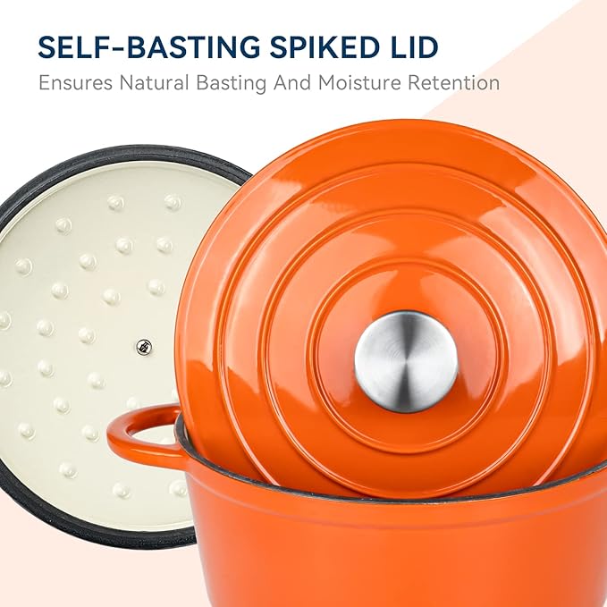 Miereirl 4.5 Quart Enameled Dutch Oven Pot with Lid, Cast Iron Dutch Oven with Dual Handles for Bread Baking, Cooking, Non-stick Enamel Coated Cookware (Orange) - Image 7