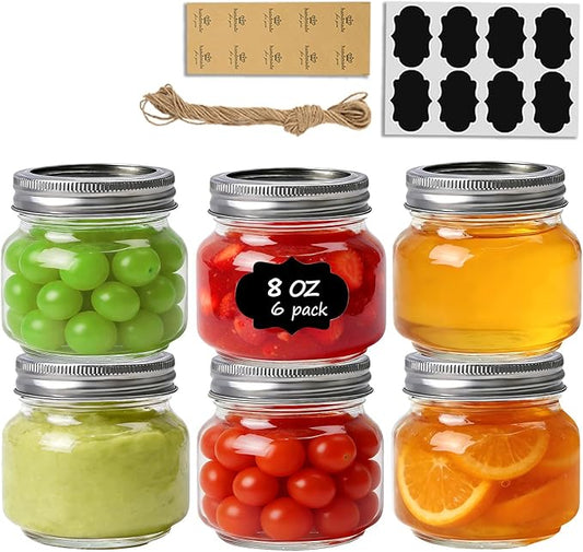 ComSaf 8 oz Regular Mouth Mason Jars,6Pcs Glass Jars for Home Cooks Making Jam and Jelly, and Crafters Creating DIY Candles and Party Favors, Canning Jar with Lids and Rings，Includes Labels & Twine by ComSaf