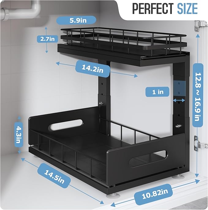 Under Sink Organizer Upgrade To Professional Rails,2-Tier Dual Pull Out Cabinet Storage,Height Adjustable Slide Out Drawers For Bathroom Kitchen,2 Pack-14.5"Dx12.8"-16.9"H,Black - Image 6