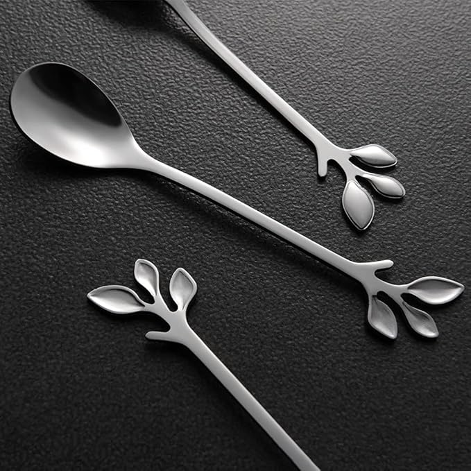 AnSaw Elegant Silver Leaf Coffee Spoons - 10-Piece, 4.7" Mini Stainless Steel Espresso & Dessert Tea Spoons, Perfect for Demitasse & Small Servings - Image 5