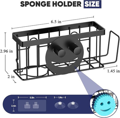 MURLONG Sponge Holder for Kitchen Sink,Sink Caddy Smiley Face,4-in-1 Sponge Holder with Suction Cups & 1 PCS Adhesive Strips for Holding Soap,Brush,Scrubber,Sponge,Stopper-Black - Image 2