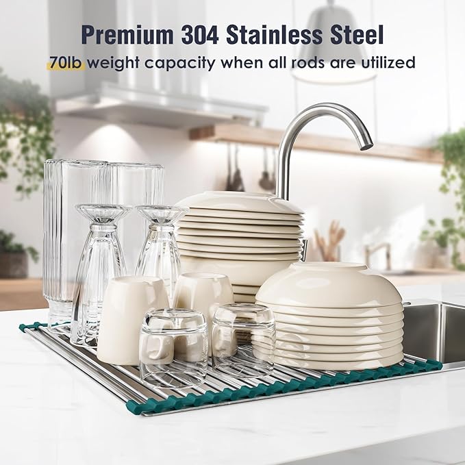 Tomorotec Stainless Steel Roll Up Dish Drying Rack, Foldable Over The Sink Rolling Drainer Rack, Multipurpose Kitchen Gadget Draining Caddy Organizer, Space Saving Sink Accessory Storage Shelf Holder - Image 5