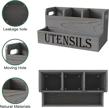 Suli Kitchen Utensils Holder, Wooden Utensil Organizer for Kitchen Countertop, Farmhouse Utensil Storage, Rustic Cooking Utensils ,4 Compartments,- Grey Grain