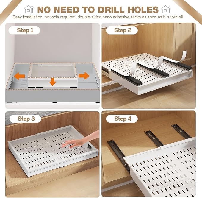 Seinloes 2 Pack Pull Out Cabinet Organizer With Raising Pad for Framed Cabinets,Expandable Width (13"-21") and Depth (17"-24"),3 Slide Rails Slide Out Drawers with Handle,No-Drill Roll Out Shelf,White - Image 8