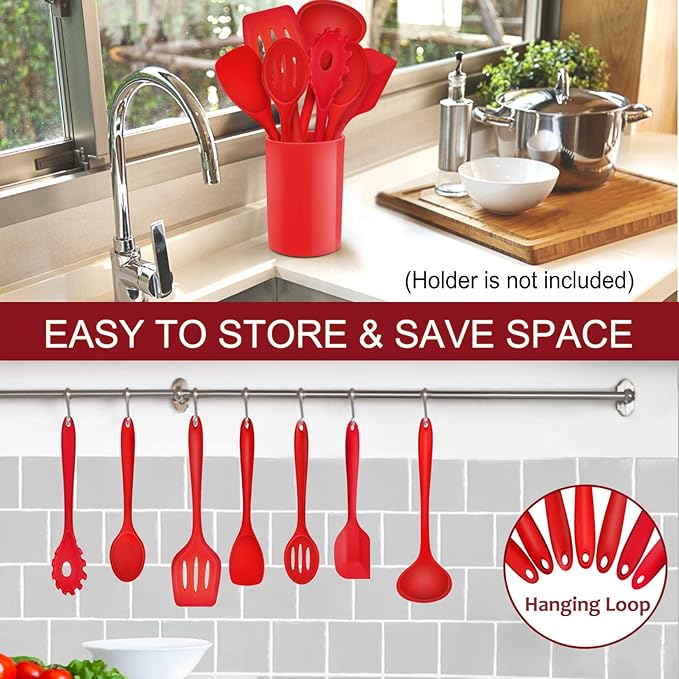 P&P CHEF Silicone Cooking Utensils Set of 7, Heat-proof Kitchen Utensils Set for Nonstick Cookware, Non-stick Spatula, Slotted Turner, Soup Ladle, Pasta Server, Spoon for Cooking Serving - Red - Image 6