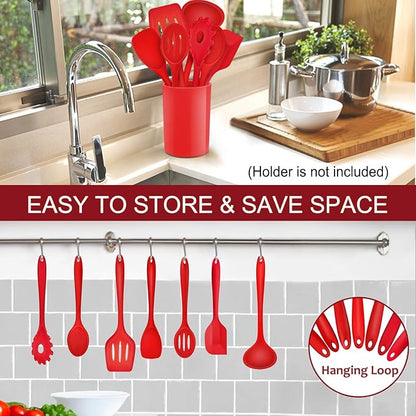 P&P CHEF Silicone Cooking Utensils Set of 7, Heat-proof Kitchen Utensils Set for Nonstick Cookware, Non-stick Spatula, Slotted Turner, Soup Ladle, Pasta Server, Spoon for Cooking Serving - Red - Image 6