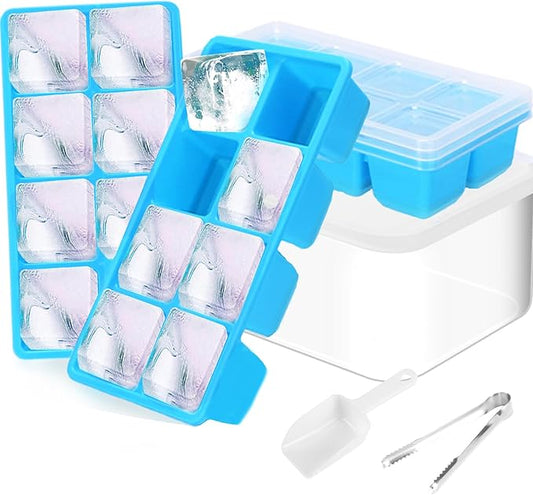 Ice Trays for Freezer with Lid and Bin, JRISBO 6 Pack Silicone Ice Cube Tray Storage Iced Bucket Kits, Stackable & Leak Proof Large Ice Cube Molds for Cocktail, Whiskey, Soup, Baby Food by Jrisbo