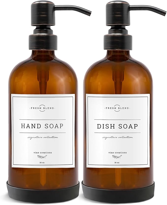 Vine Creations Amber Glass Soap Dispenser, 2 Pack Kitchen Soap Dispenser Set with Stainless Steel Pump, 16 oz Dish Soap and Hand Soap Dispensers for Bathroom with Waterproof Labels by VineCreations