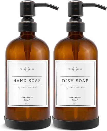 Vine Creations Amber Glass Soap Dispenser, 2 Pack Kitchen Soap Dispenser Set with Stainless Steel Pump, 16 oz Dish Soap and Hand Soap Dispensers for Bathroom with Waterproof Labels by VineCreations