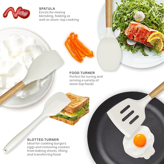 oannao Silicone Cooking Utensils Set - 446°F Heat Resistant Silicone Kitchen Utensils for Cooking,Kitchen Utensil Spatula Set w Wooden Handles and Holder for Non-Stick Cookware (Cream White) - Image 4