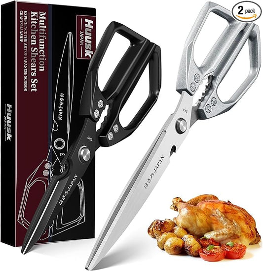 HUUSK Kitchen Scissors Set Upgraded - Stainless Steel Kitchen Shears, Sharp Meat Scissors, Heavy Duty Poultry Shear, Japanese Cooking Scissor Dishwasher for Food, Christmas Gifts for Men Women