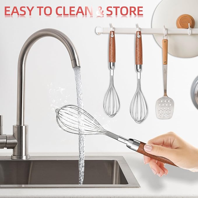 Whisk for Cooking,Stainless Steel Wire Wooden Handle Kitchen Multi Function Non Stick Balloon Whisk Egg Beater for Blending Whisking Beating Frothing Stirring Batters (11"L x 2.1"W) - Image 7