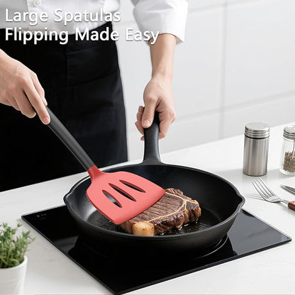 Coukre 3 Pack Silicone Spatula Set, High Heat Resistant, BPA-Free, Fish Spatula, Solid & Slotted Turner for Non-Stick Pans, Flipping Eggs, Pancakes, Fish, Burgers (3, RedBlack) - Image 3