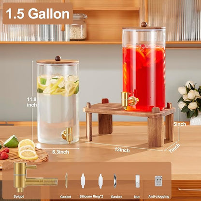 2 PCS 1.5 Gallon Drink dispenser, Glass Beverage Dispenser With Wood Stand, Large Water Drink Dispensers for Parties With Stainless Steel Spigot, Ideal for Lemonade,Juice, Tea, and Party Drinks - Image 2