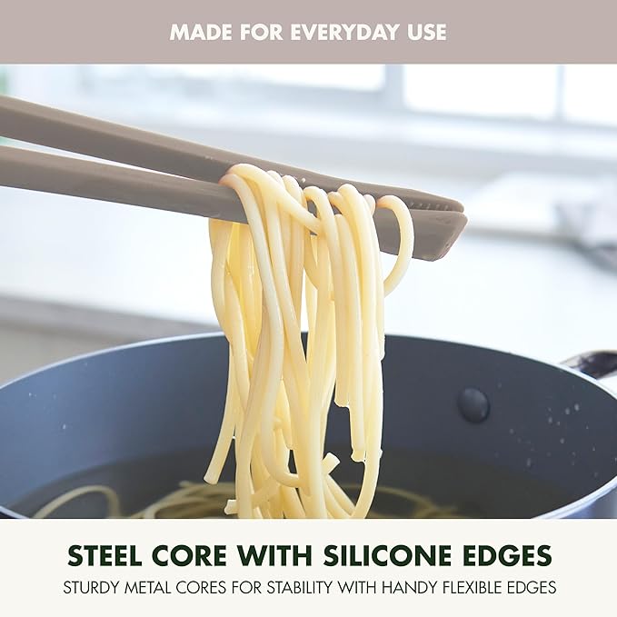 GreenPan Silicone Tong, Cooking Grilling Serving, Salad, Kitchen Utensil, Flexible Rubber Nonstick Cookware, Rigid Steel Core, Heat-Resistant, Anti-Slip Handle, BPA-Free, Dishwasher Safe, Taupe - Image 3