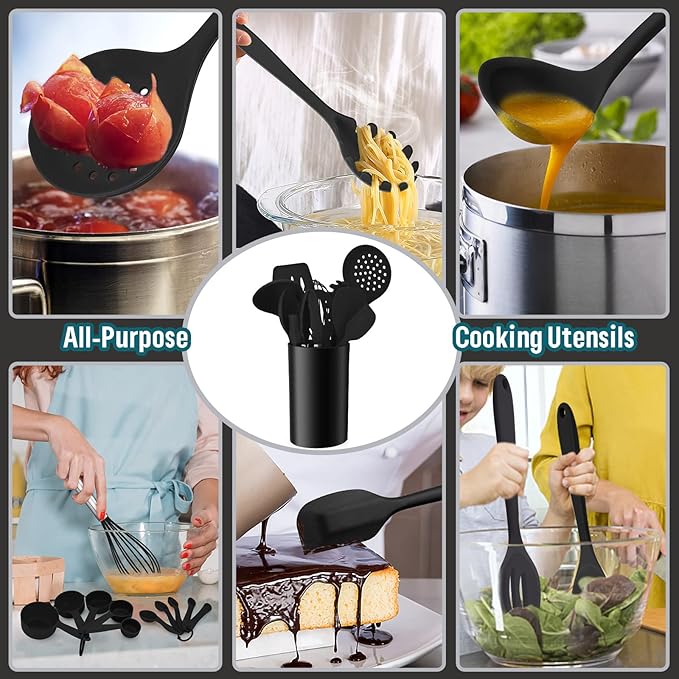 Silicone Kitchen Utensils Set, E-far 23 Pcs Black Cooking Utensils Tools with Holder for Nonstick Cookware, Include Spatula/Spoon/Ladle/Tongs/Turner, Heat Resistant & Nontoxic, Dishwasher Safe - Image 4