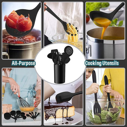 Silicone Kitchen Utensils Set, E-far 23 Pcs Black Cooking Utensils Tools with Holder for Nonstick Cookware, Include Spatula/Spoon/Ladle/Tongs/Turner, Heat Resistant & Nontoxic, Dishwasher Safe - Image 4