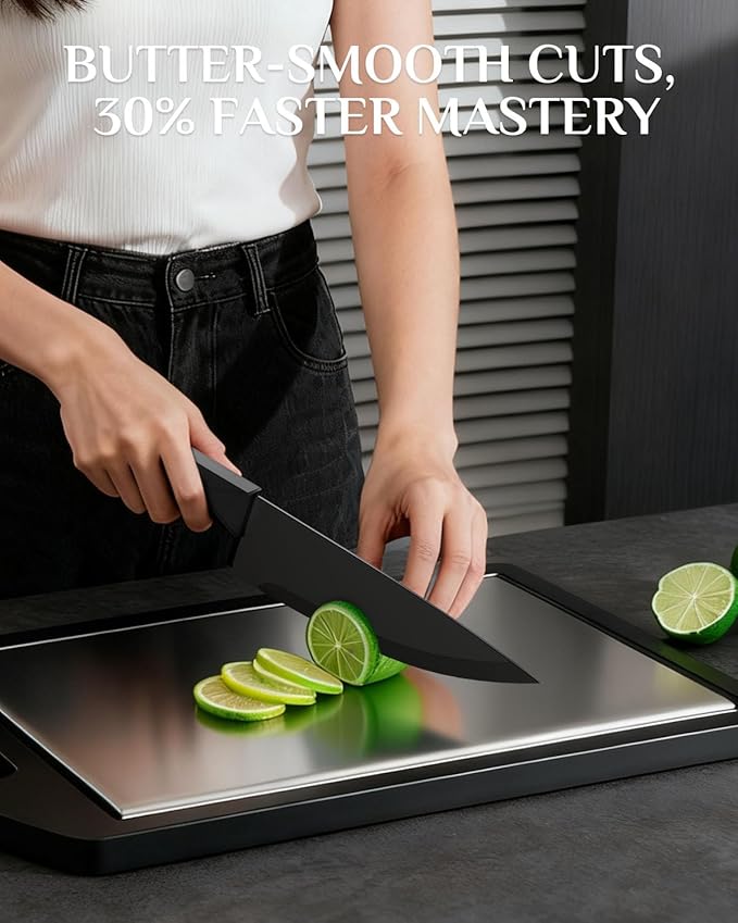 Kitchen Knife Set with Block: 15-Piece High Carbon Stainless Steel Professional Knives - Comfortable Grip Reduces Hand Fatigue 30% - Dishwasher Safe and Sharpener - Black Knife Set for Cooking