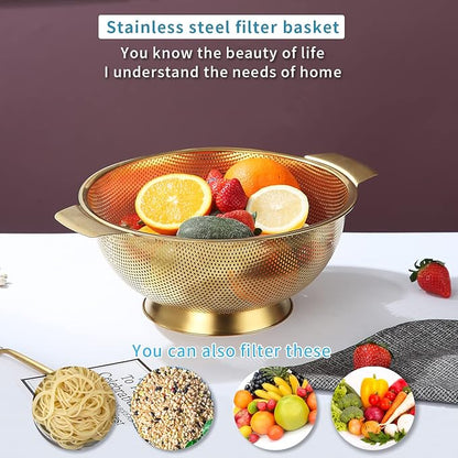Kyraton Gold Colander 5 Quart, Professional Titanium Gold Plating Stainless Steel Strainer with Heavy Duty Handles and Self Draining Solid Ring Base, Easy Clean and Dishwasher Safe