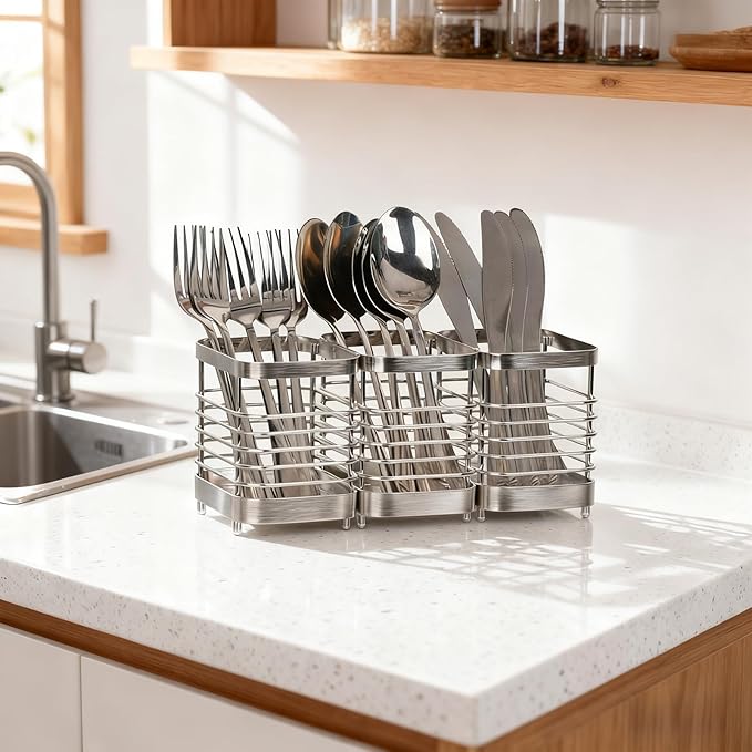 Utensil Holder, Stainless Steel Utensil Drying Rack for Kitchen Counter, Silverware Cutlery Flatware Holder Forks, Knives, Spoons, Chopsticks Organizer (Silver) - Image 6