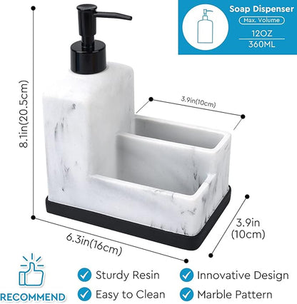Dish Soap Dispenser with Sponge Holder,White Marble Look Liquid Hand and Dish Soap Dispenser and Spong Caddy with Brush Holder 3 in 1 Countertop Organizer for Kitchen Sink and Bathroom,White