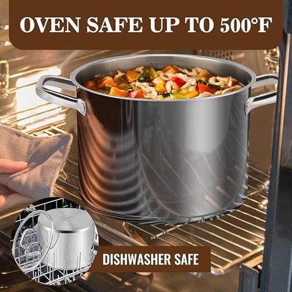 Rorence Stainless Steel Stock Pot, Tri-Ply Base Large Pot Induction Cooking Pot with Lid for All Stoves, Oven & Dishwasher Safe, 8-Quart