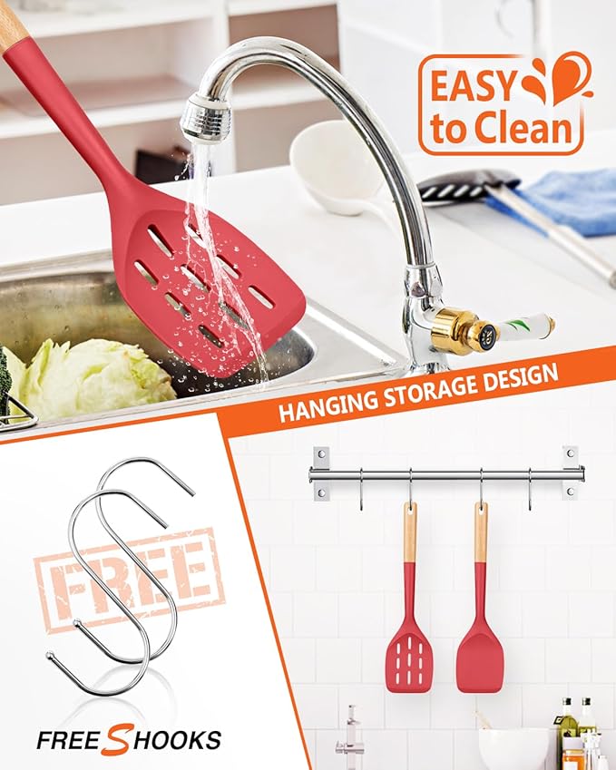 Pack of 2 Silicone Spatula, Non Stick Cooking Utensil Set Wooden Handle Kitchen Turner for Baking Mixing Grilling Serving Food Heat Resistant Non Scratch Hooks Included (Red) - Image 4